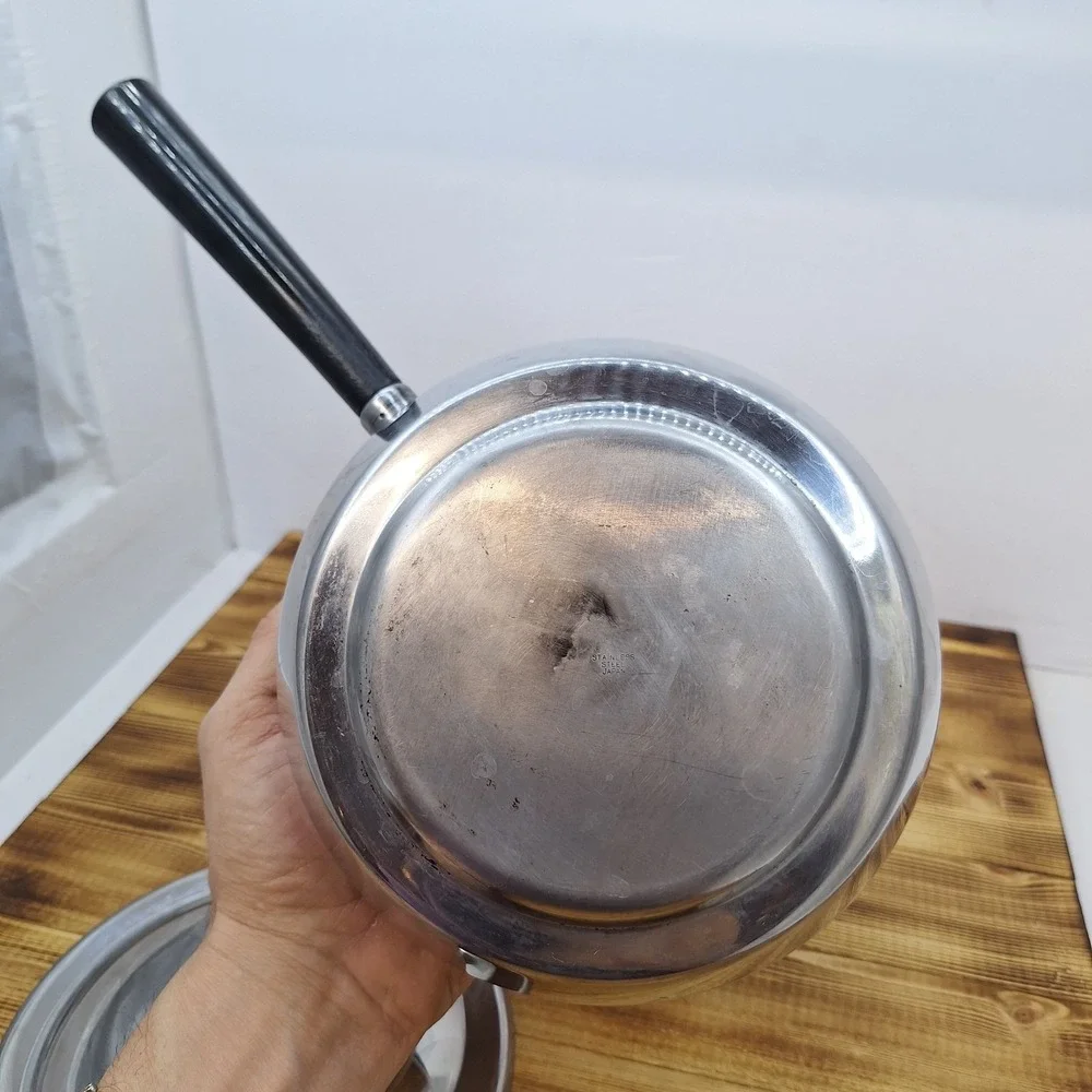 Vintage Japan Stainless Steel Fondue‎ Pot Black Handle w/lid